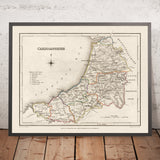 Mapa antiguo de Ceredigion, Gales, por Lewis, 1844: Cardigan Bay, Aberystwyth, Cardigan, Lampeter 