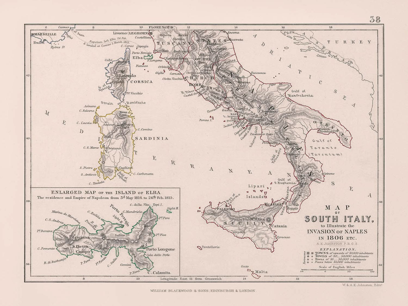 Alte Militärkarte von Napoleons Invasion von Neapel, 1806: Neapel, Rom, Elba, Sizilien, Kalabrien