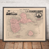 Alte Karte von Guadeloupe von Vuillemin, 1869: Pointe-à-Pitre, Basse-Terre, Grande-Terre, Marie-Galante, Zuckerrohr 