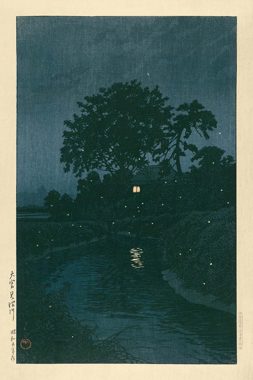 Dark River with Fireflies (Minuma River, Ômiya) by Hasui Kawase, 1935