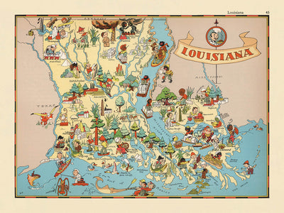 Pictorial Map of Louisiana by Ruth Taylor White, 1935: New Orleans, Baton Rouge, Jazz, Bayous, Mardi Gras