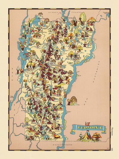 Pictorial Map of Vermont by Ruth Taylor White, 1935: Burlington, Montpelier, Rutland, County Boundaries, Maple Sugaring