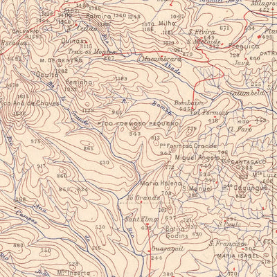 Alte Karte von São Tomé, 1945: São Tomé, Neves, Trindade, Flüsse, Berge 