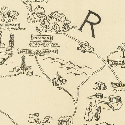 Alte Bildkarte des Iran vom Persian Gulf Command, 1943: Teheran, Kaspisches Meer, Persischer Golf, Teppichweberei, Garten Eden