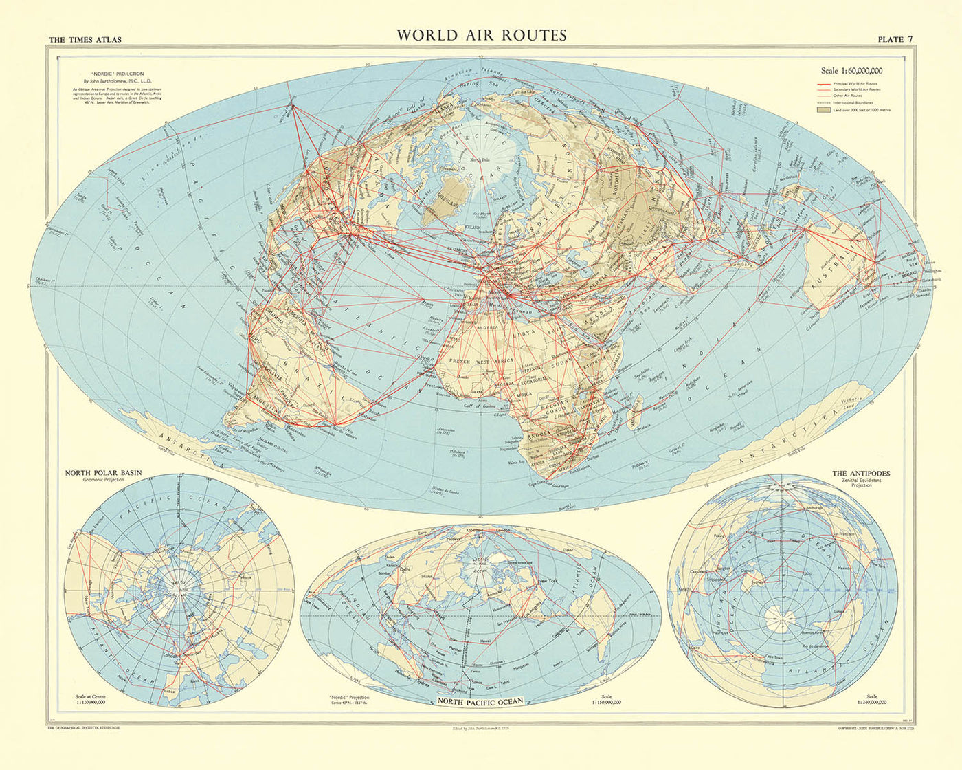 World Air Routes Map in Many Different Projections by Bartholomew, 1957