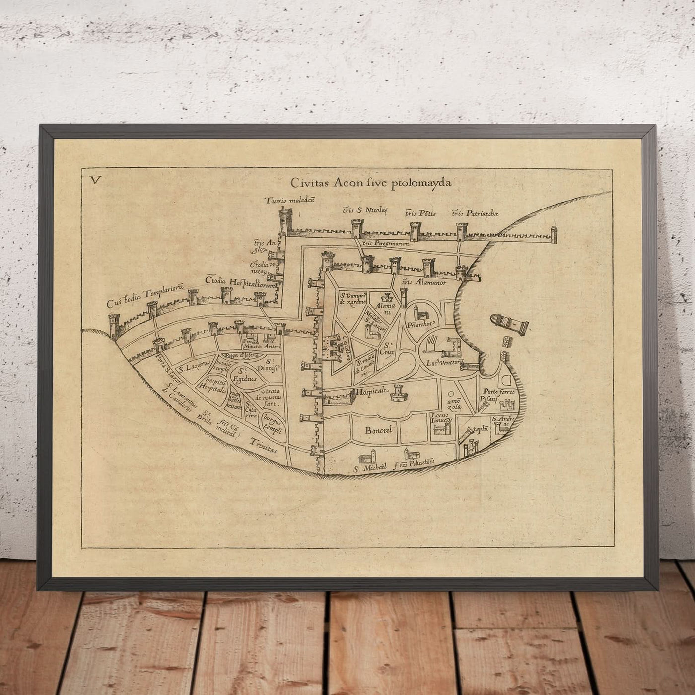 Mapa antiguo de Acre de Vesconte, 1611: Templarios, Hospitalarios, Portus Pisani, Torres, Iglesias