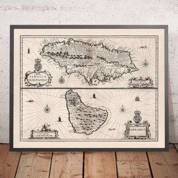Mappa antica di Giamaica e Barbados di Speed, 1676: Port Royal, Bridgetown, Montagne, Navi 