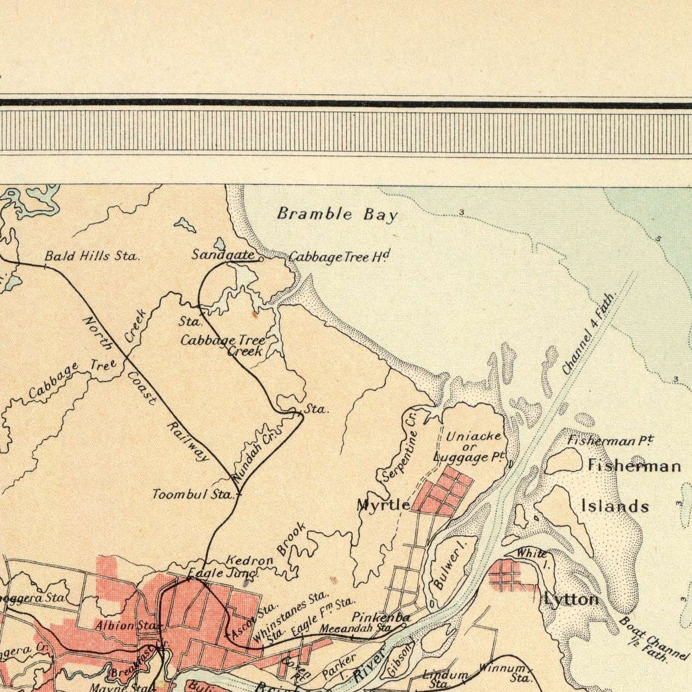 Mapa antiguo del este de Queensland de Bartholomew, 1922: Brisbane, Cairns, relieve, rutas de navegación, recuadro