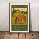 Schweizer Jura Reiseplakat: Chemin de fer – Saignelégier – La Chaux-de-Fonds von Charles l’Eplattenier, 1932 