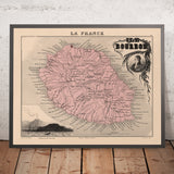 Ancienne carte de l'île de la Réunion par Vuillemin, 1869 : Volcan, Saint-Denis, Saint-Pierre, Océan Indien, Canne à sucre 