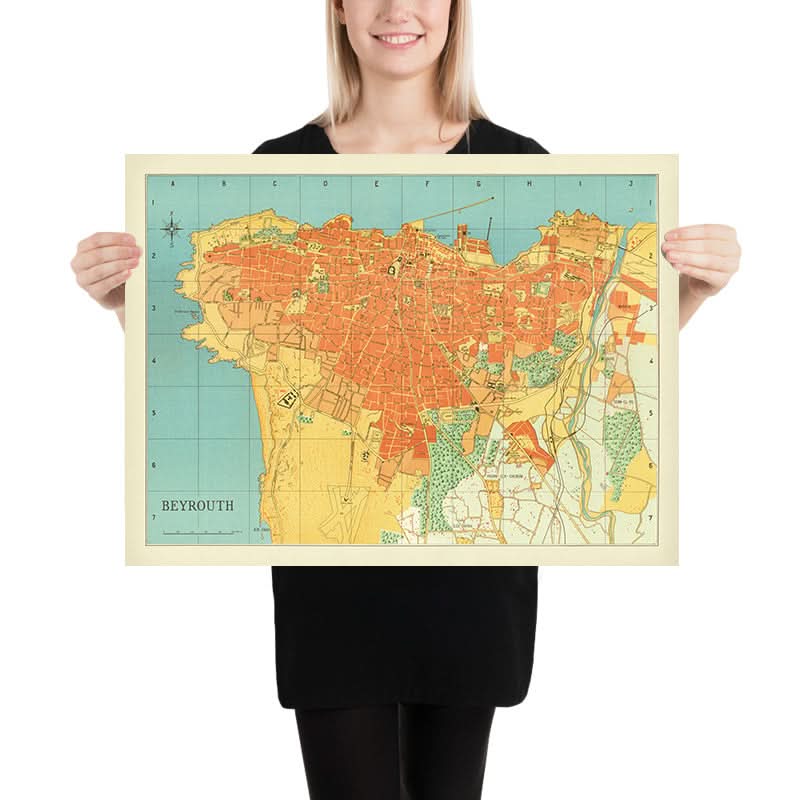 Mappa antica di Beirut, Libano 1949: Hotel Normandy, Ippodromo, Foresta di Pini, Porto di Beirut, Linee Ferroviarie 