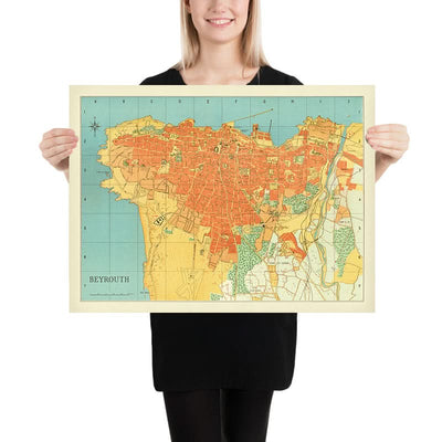 Alter Stadtplan von Beirut, 1949: Hotel Normandy, Hippodrom, Kiefernwald, Hafen von Beirut, Eisenbahnlinien