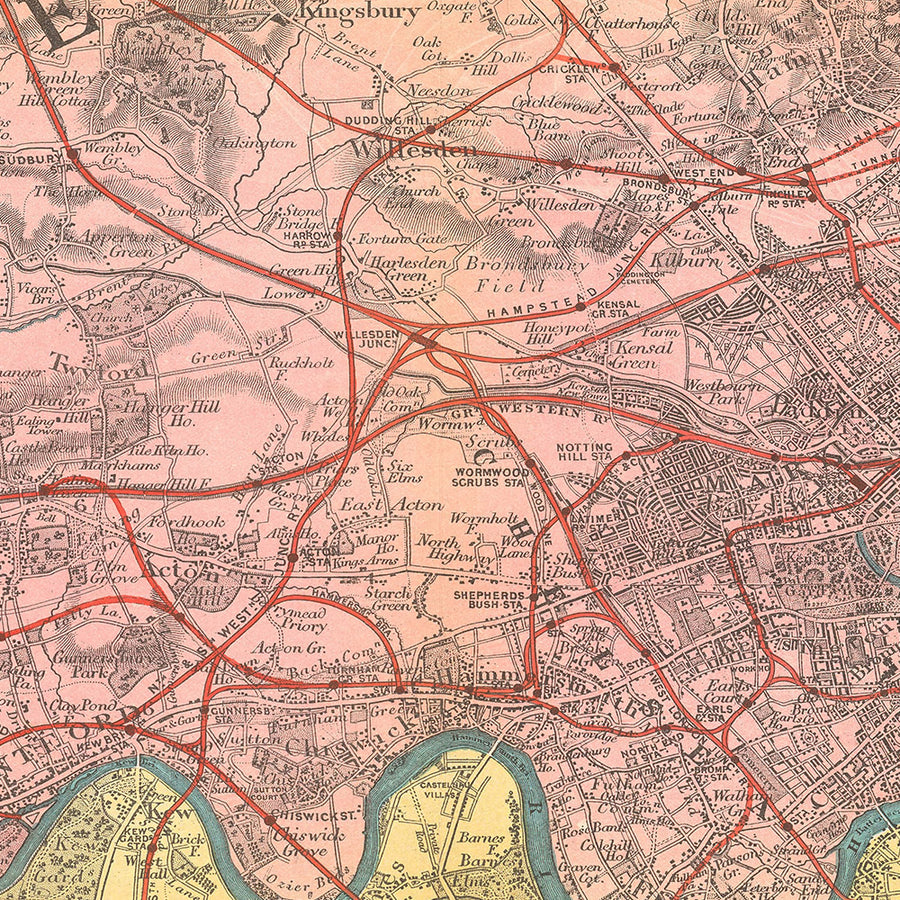 Vecchia mappa vittoriana di Londra, 1890: altamente dettagliata, confini di contea, ridotta dall&