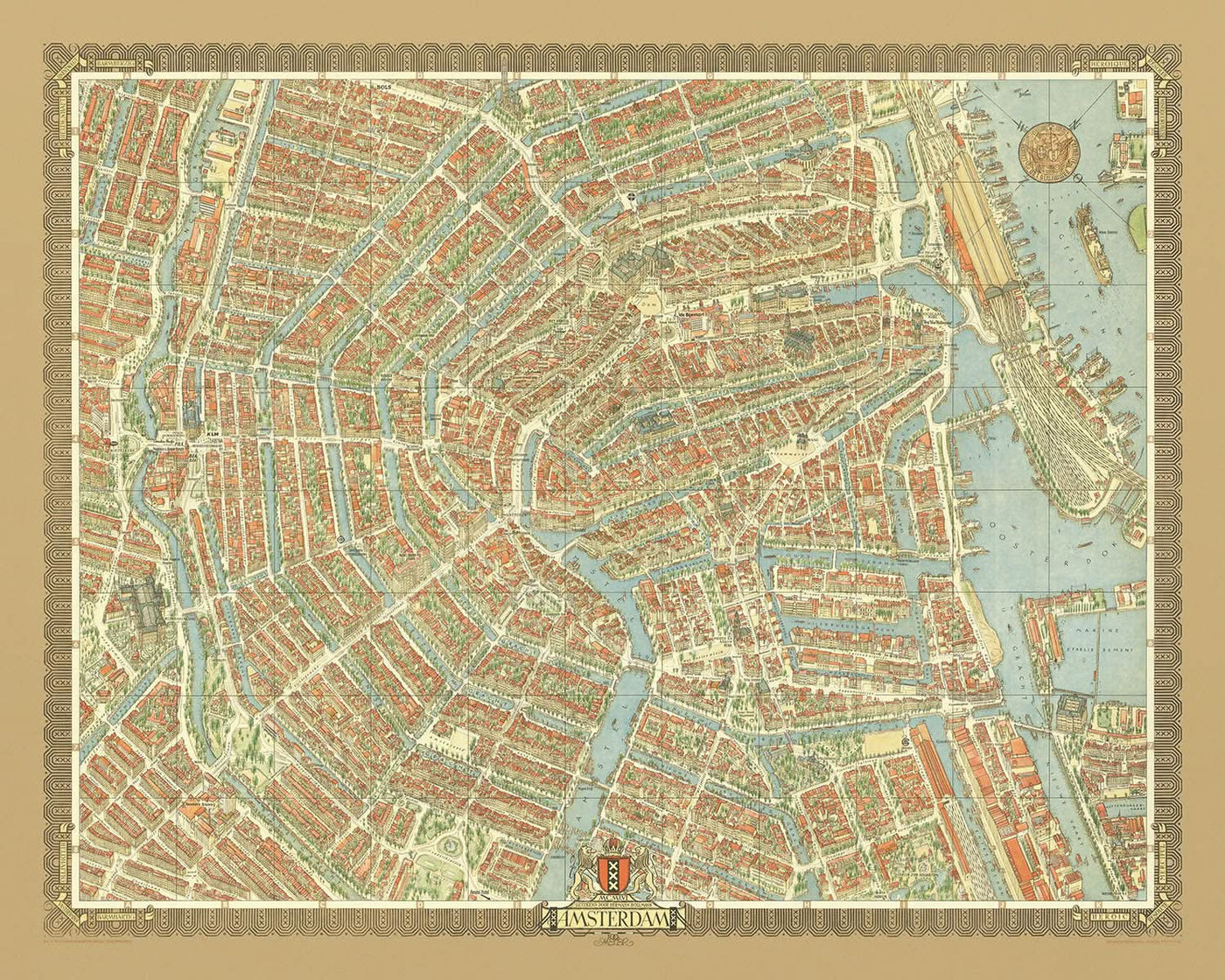 Mapa antiguo de Ámsterdam a vista de pájaro, realizado por Bollmann en 1971: Estación central, Jordaan, Vondelpark, canales, iglesias