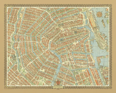 Old Birds Eye Map of Amsterdam by Bollmann, 1971: Central Station, Jordaan, Vondelpark, Canals, Churches