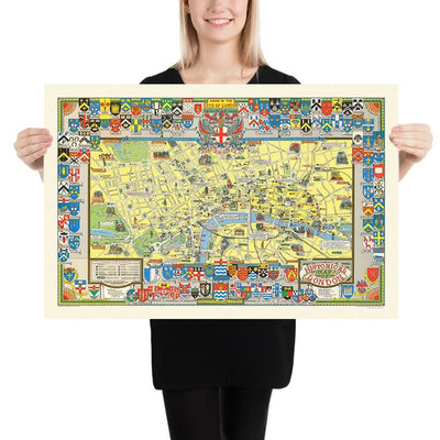 Old Pictorial Map of London by Bullock, 1965: Coats of Arms, Landmarks, Westminster, City