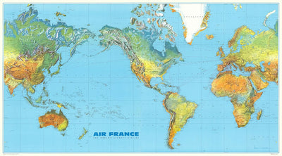 Carte des routes aériennes d'Air France par Massé, 1961 : zones climatiques, topographie, histoire de l'aviation