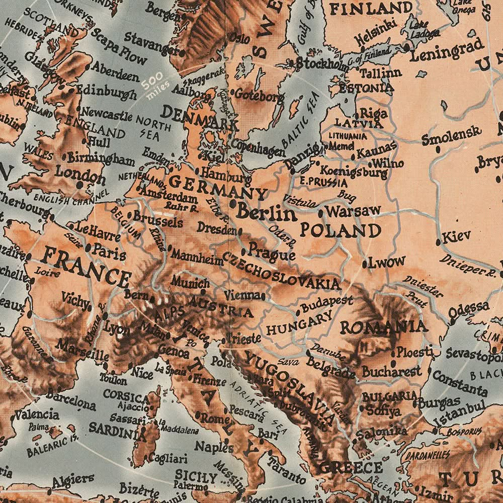 Mapa militar antiguo de la Segunda Guerra Mundial de Manning, 1943: Berlín, Tokio, rutas de vuelo, enfoque estratégico