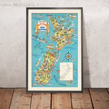 Affiche de voyage Nouvelle-Zélande : carte amusante du Département du tourisme du gouvernement néo-zélandais 