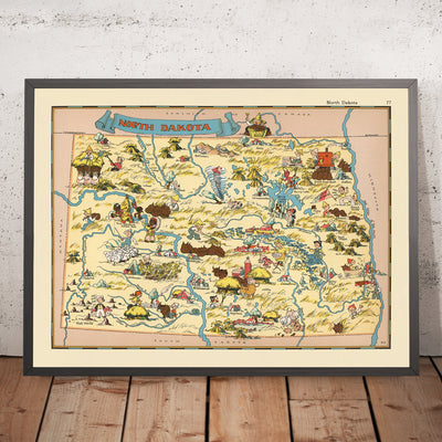 Pictorial Map of North Dakota by Ruth Taylor White, 1935: Fargo, Bismarck, Missouri River, Wheat Fields, Bison