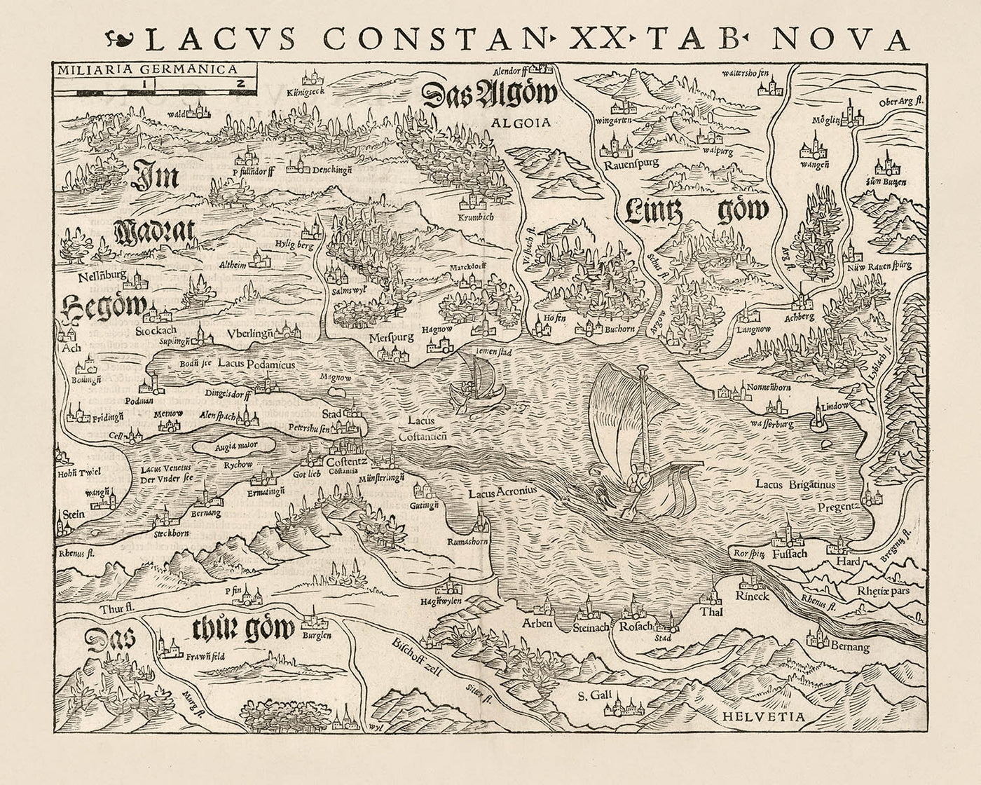 Old Map of Lake Constance by Munster, 1540: German-Swiss-Austrian Border, Konstanz, Lindau, Bregenz, St. Gallen, Holbein Style