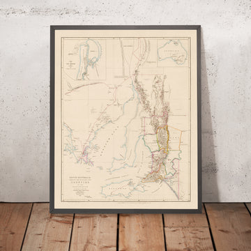 Alter County-Plan von Südaustralien von Arrowsmith, 1858: Adelaide, Port Adelaide, Burra, Murray River, Kupferminen 