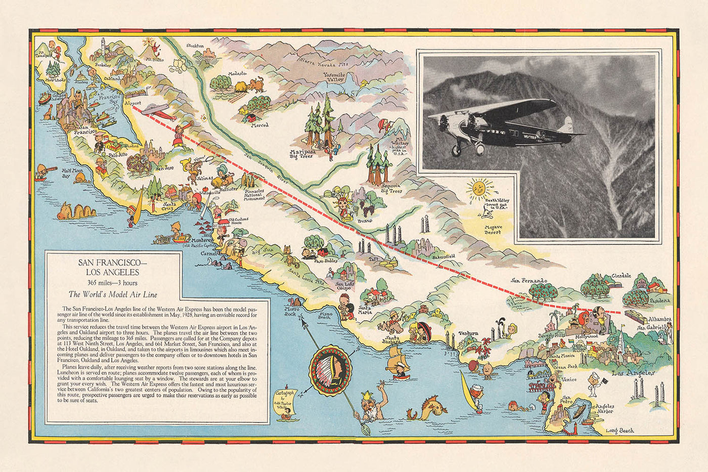Old Pictorial Map of San Francisco–Los Angeles Air Route, 1929: Yosemite, Lake Tahoe, Monterey Bay, Grapevine Pass, Central Valley
