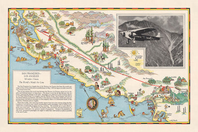 Old Pictorial Map of San Francisco–Los Angeles Air Route, 1929: Yosemite, Lake Tahoe, Monterey Bay, Grapevine Pass, Central Valley