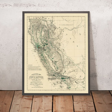 Alte Weinkarte von Kalifornien, 1880: San Francisco, Los Angeles, Sonoma, Weinberge, Phylloxera 