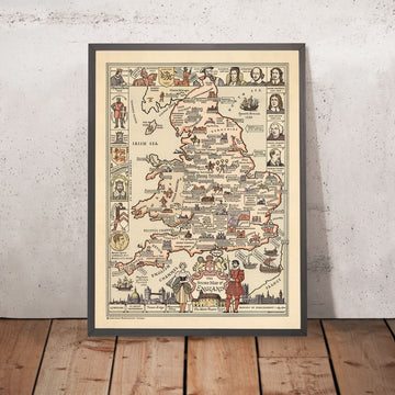 Alte historische Karte von England, 1936: Stonehenge, Globe Theatre, Parlament, Helden, Schlachten 