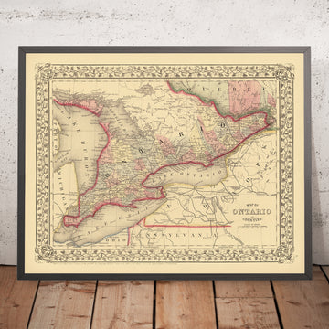 Ancienne carte du comté de l’Ontario par Mitchell, 1868 : Toronto, Ottawa, Hamilton, London, Kitchener (Berlin) 