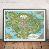 Ancienne carte picturale d'Hawaï par Forrest, 1979 : Grande Île, Mauna Kea, Loa, Kilauea, Côte de Kona, Hilo 