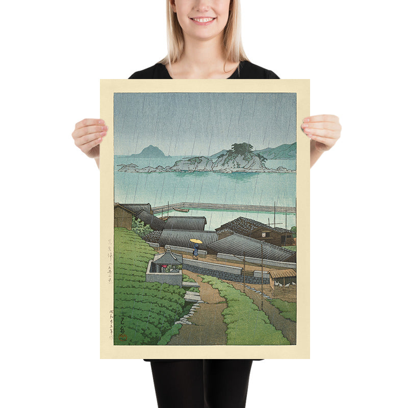 Aldea costera japonesa lluviosa de Hasui Kawase 1935 