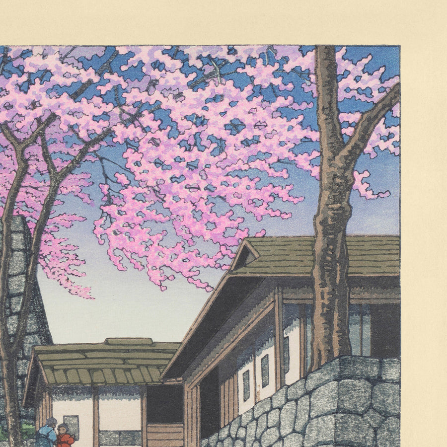 Flores de cerezo en las ruinas del castillo de Shirakawa por Hasui Kawase, 1935 