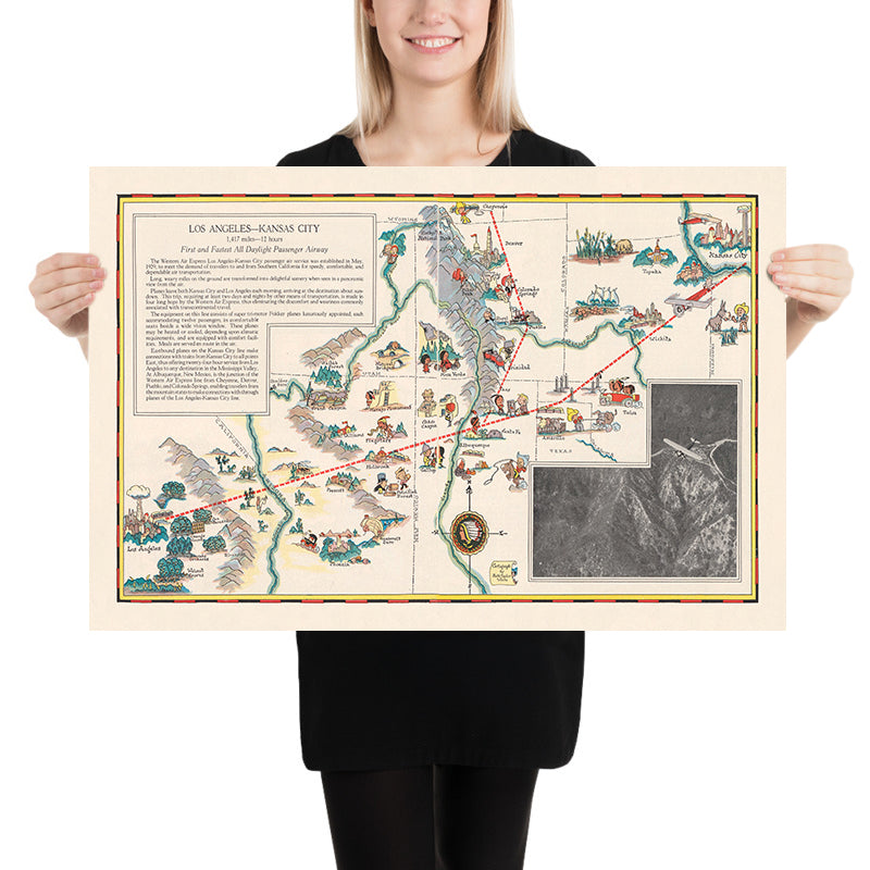 Pictorial Map of the Los Angeles–Kansas City Air Route, 1929: Grand Canyon, Rocky Mountains, Western Air Express