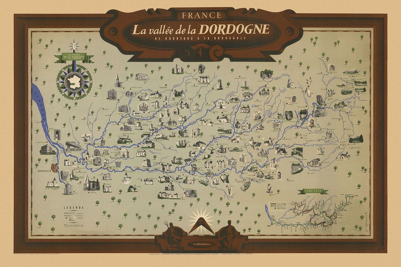 Alte Bildkarte der Dordogne von Moles, 1948: Bordeaux, Fluss Dordogne, Touren, Sehenswürdigkeiten, Ruinen