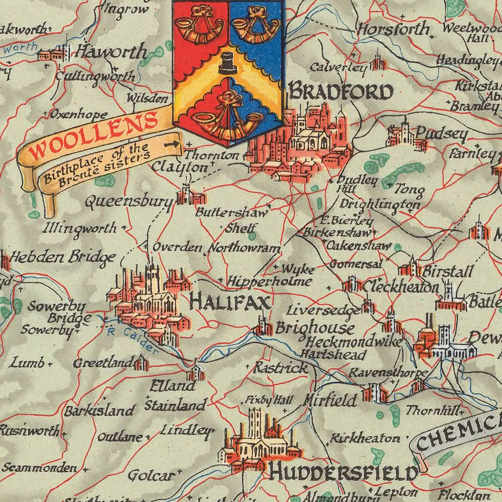 Mapa ilustrado antiguo de West Riding of Yorkshire, realizado por Clegg en 1946: Leeds, Bradford, ríos, citas de Churchill, escudos de armas