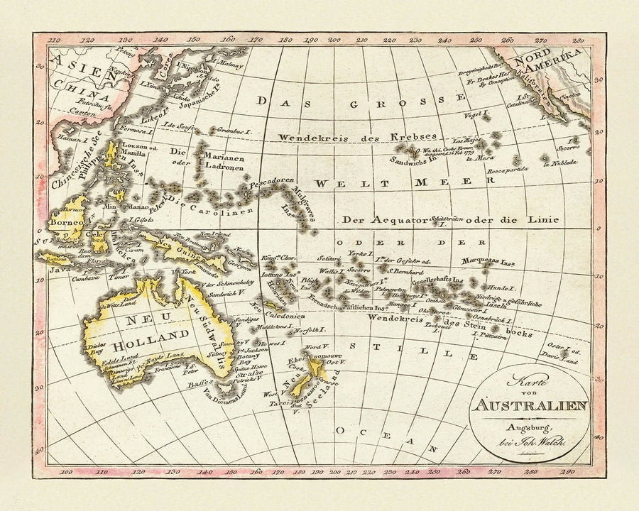 Mappa antica del Pacifico di Walch, 1817: Australia, prime coste, esplorazione europea 