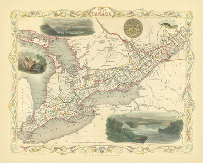 Mapa antiguo de Canadá de Tallis, 1851: Toronto, cataratas del Niágara, lago Erie, Kingston, viñetas