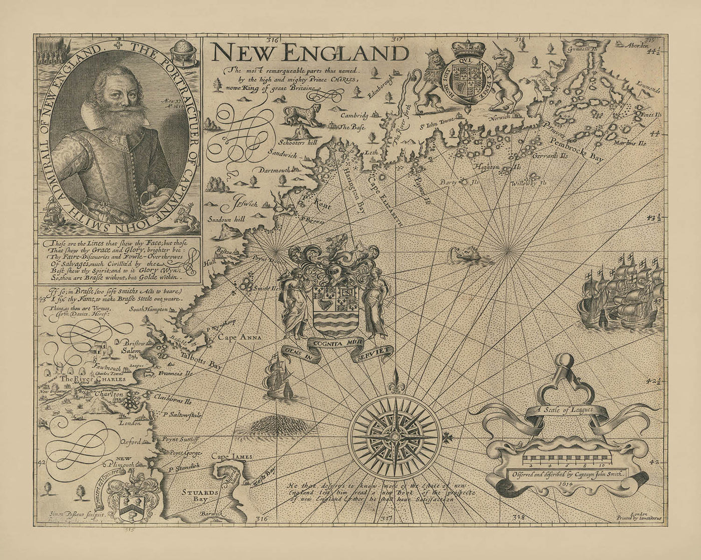 First Map of New England by John Smith, 1616: Boston, Plymouth, Cape Ann, Ornate Baroque Design