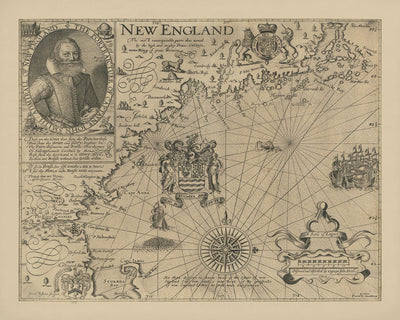 First Map of New England by John Smith, 1616: Boston, Plymouth, Cape Ann, Ornate Baroque Design