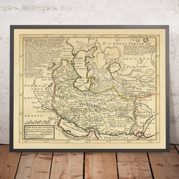 Ancienne carte rare de l’Iran par Moll, 1728 : mer Caspienne, Caucase, Astrakhan, Bakou, Ispahan 