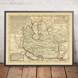 Ancienne carte rare de l’Iran par Moll, 1728 : mer Caspienne, Caucase, Astrakhan, Bakou, Ispahan 