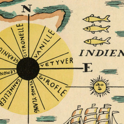 Mapa antiguo de Sudáfrica de Mazuyer, 1931: estilo pictórico, fauna autóctona, brújula decorativa