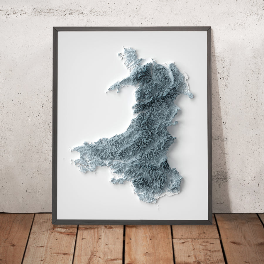 A framed image of a 3D style topographic relief map ofWales