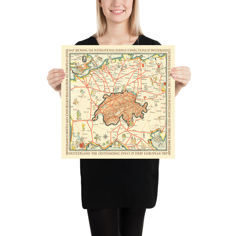 Old Pictorial Map of Switzerland by Gauchet, 1931: Railway connections ...