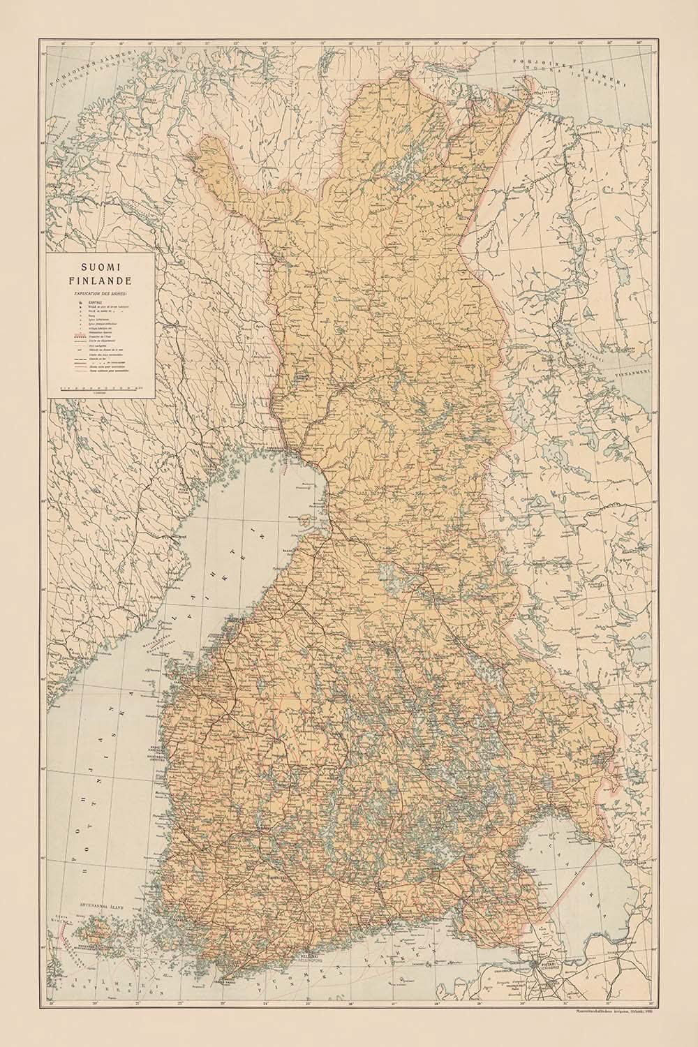 Ancienne carte de la Finlande (Suomi), 1930 : Helsinki, Tampere, Golfe de Botnie, Chemins de fer, Frontières