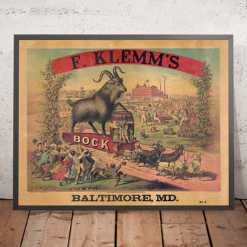 A framed image of F. Klemm’s Vintage Bock Beer Poster, 1880