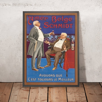 A framed image of Amer Belge Schmidt Vintage Drinks Advertising Poster by J. E. Goossens, 1905