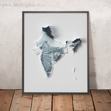 A framed image of a 3D style topographic relief map ofIndia